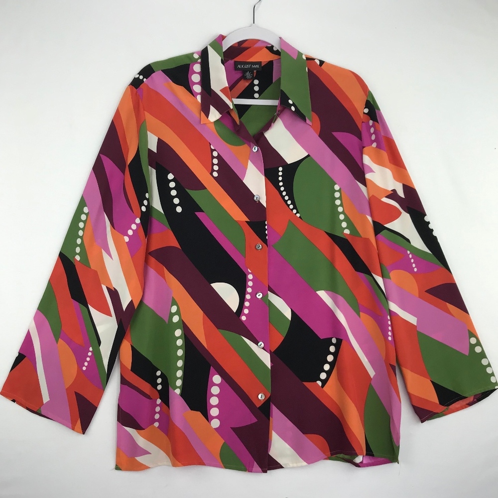 August Max 100% Silk Retro Print Button Up Blouse